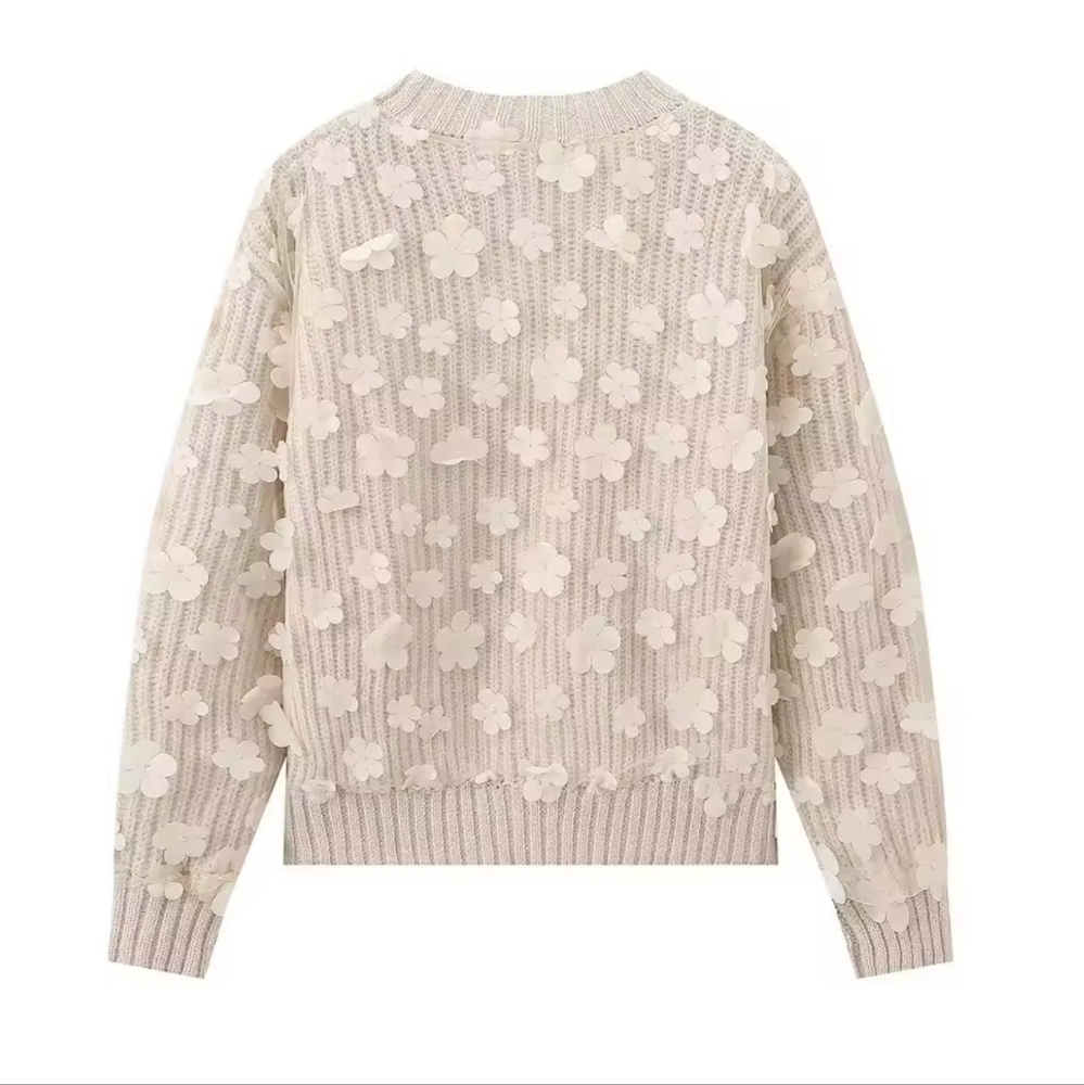 Flower decoration sweet fashion all-match round neck pullover sweater - Picture 6 of 10